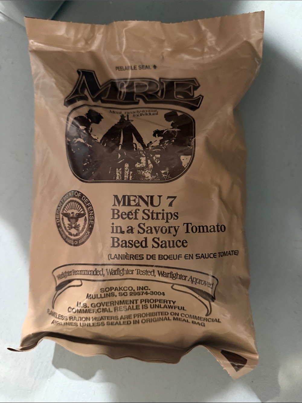 Sealed Menu 7 Beef Strips in Savory Tomato Based Sauce MRE